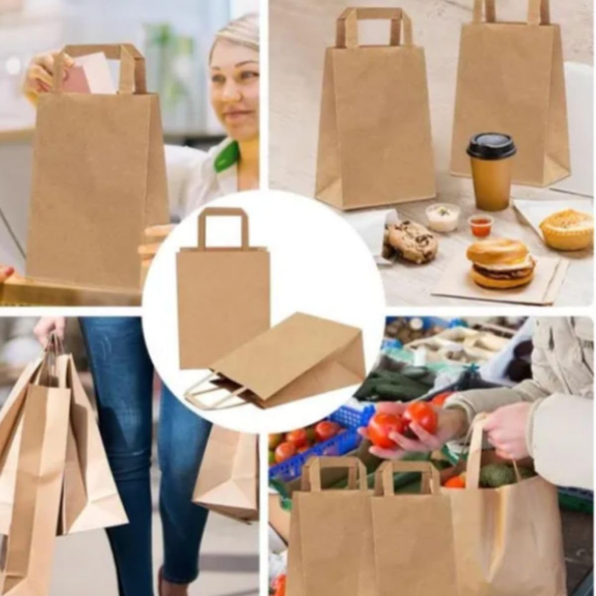 Sac Kraft Papier Recyclé | Fond Plat - Poignées Plates | Lot de 100 Sacs Cabas Haute Résistance | Apte Contact Alimentaire | Commerces - Alimentaire -Vente à Emporter - Cadeaux (32 + 22 X 28)