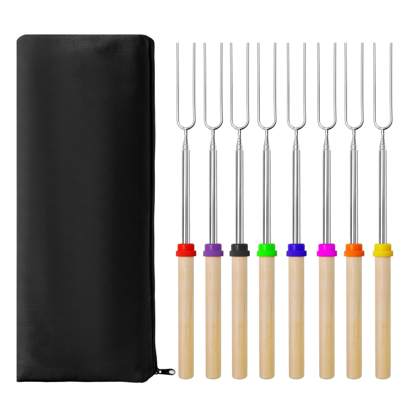 Barbecue Forks-8 Pack Marshmallow Roasting Sticks Extendable Stainless Steel 32Inch U Shape Hot Dog Fork with Wooden Handle Grilling Skewers for Fire Pit and BBQ Campfire Party