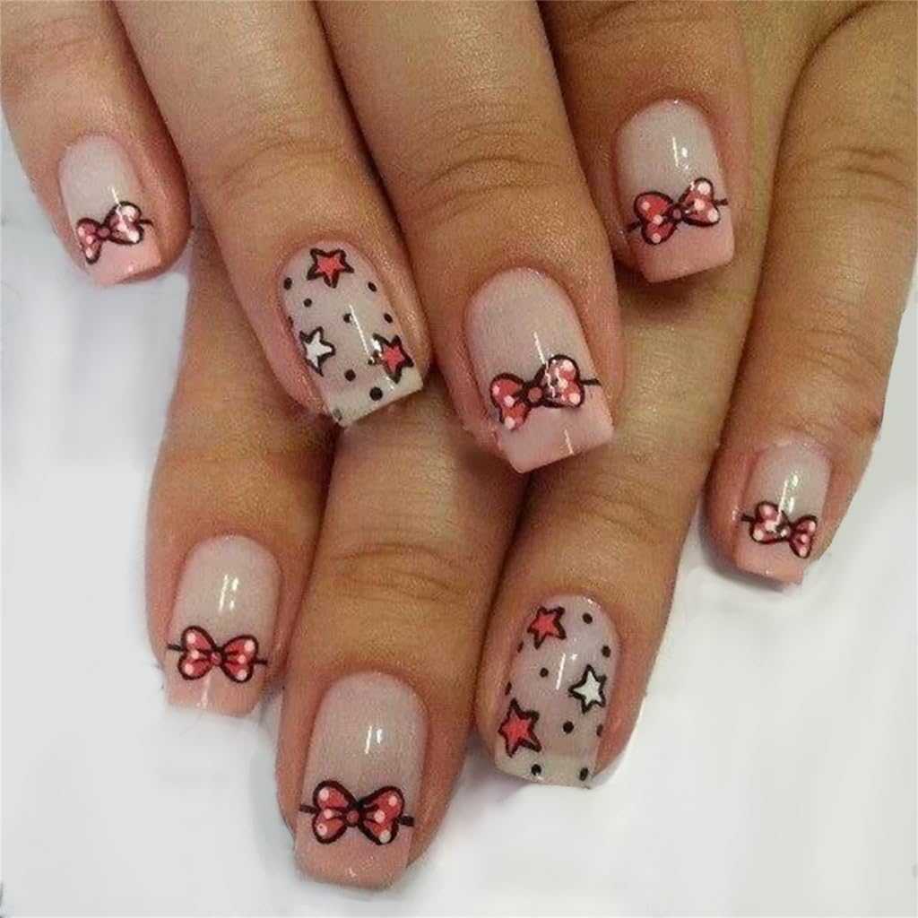 24x Glossy Full Covers False Nails Short Square Lovely Star Stick on Nails Bowknot Acrylic Nails