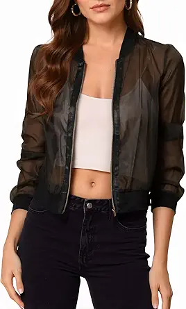 Women's Crop Mesh Sheer Bomber Jacket - Lightweight Long Sleeve Zip Up Outwear