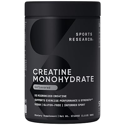 Sports Research Creatine Monohydrate - Gain Lean Muscle, Improve Performance and Strength and Support Workout Recovery* - 5 g Micronized Creatine - 17.46 oz