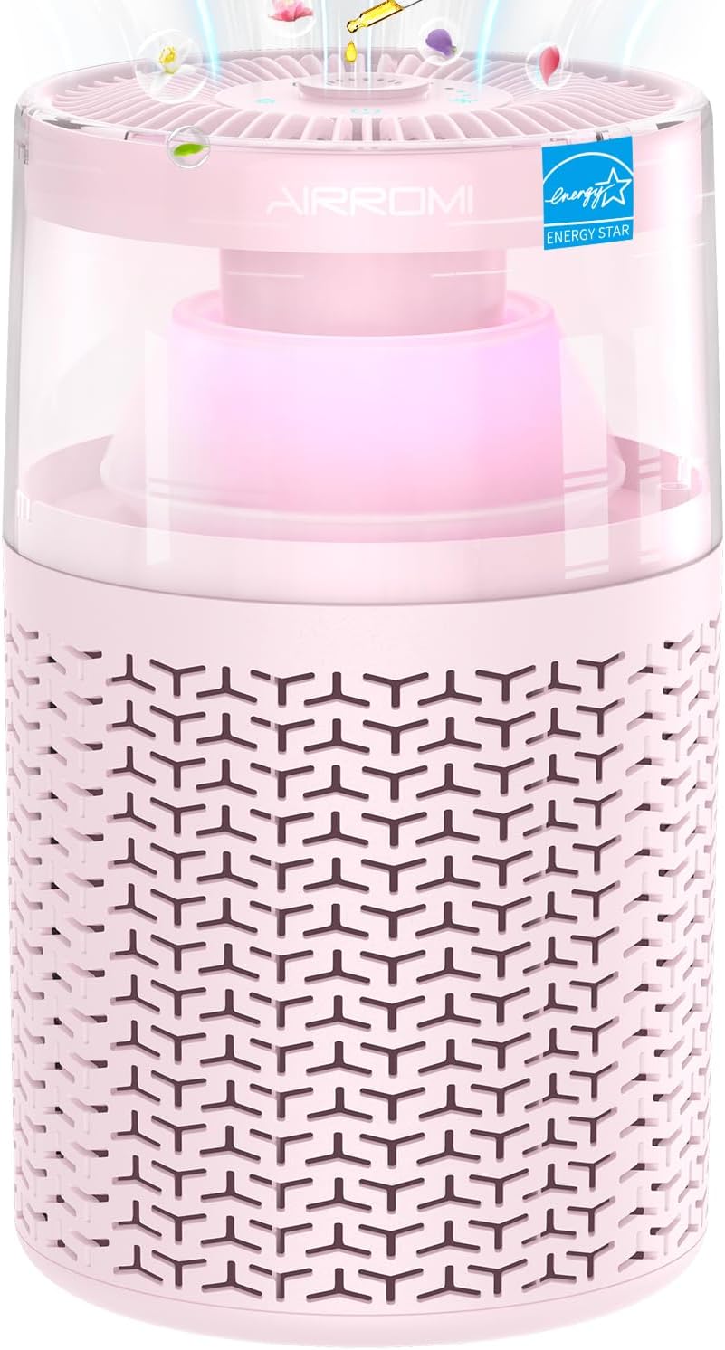 AIRROMI Air Purifiers for Bedroom Home,Up to 765 Ft²,Activated Carbon Filter Cleaner,With Fragrance Sponge for Better Sleep,Night Light,Pet Dander,Allergies,Smoke,Odor,Desktop Air Cleaner A2002 Pink