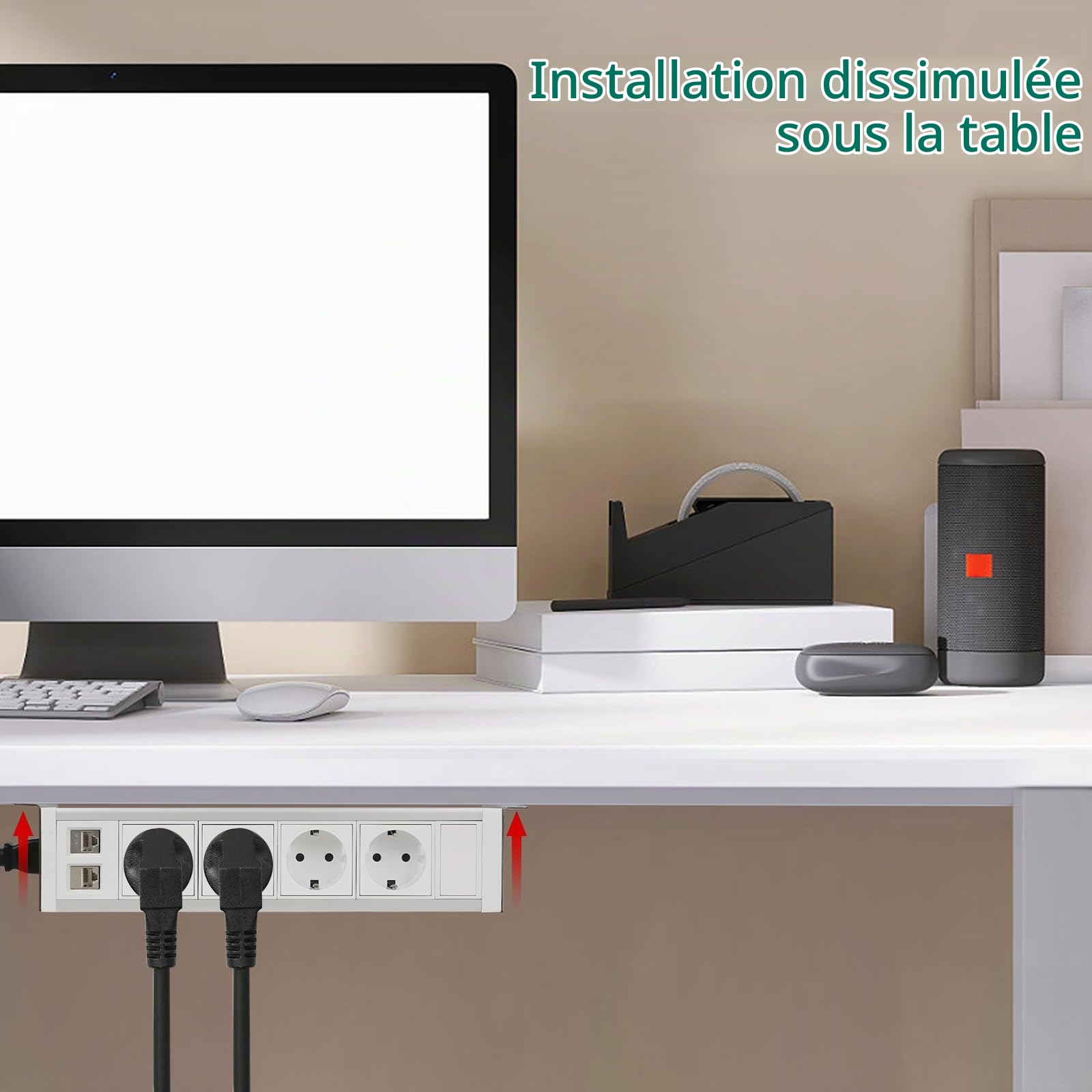 Multiprise sous le plan de travail, multiprise 4 prises avec 2 câbles RJ45 et 1,5 m, prise pour meubles ou plans de travail