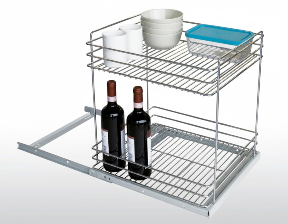 Cestello estraibile sottolavello da cucina 38,5x45x48,5cm, cassetto telescopico scorrevole con guide laterali,organizer piano in filo d'acciaio cestello portatutto portabottiglie da incasso per mobili