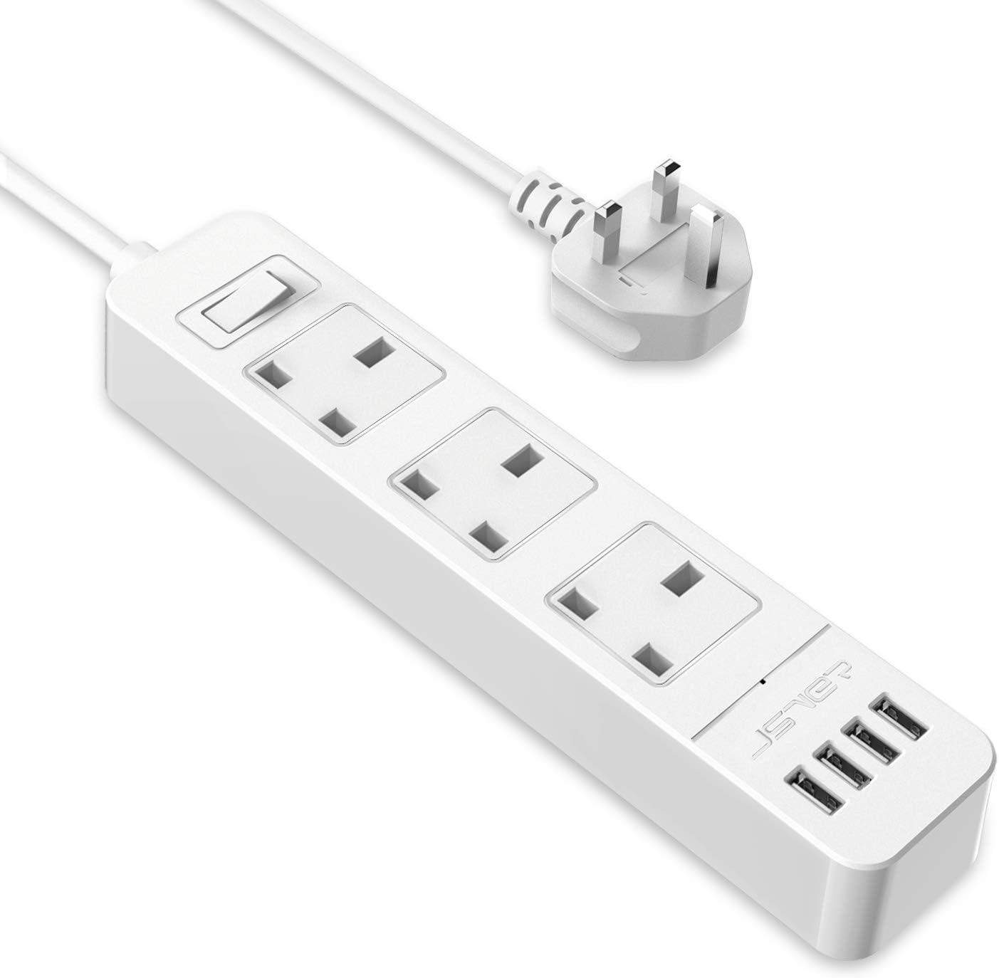 JSVER Extension Lead USB, Power Socket with 3 Outlet 4 USB Charging