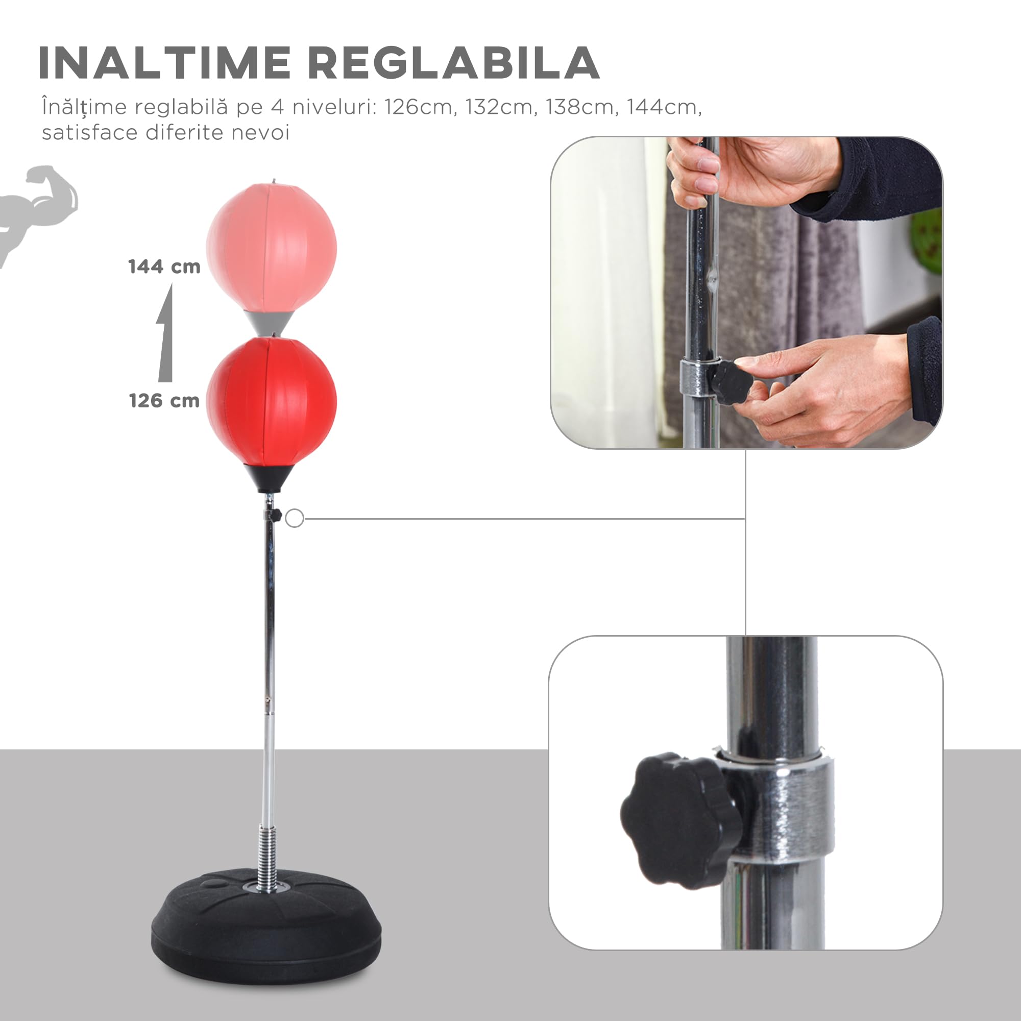 HOMCOM Sac de Frappe sur Pied Punching Ball réglable 126-144 cm avec Gants et Pompe