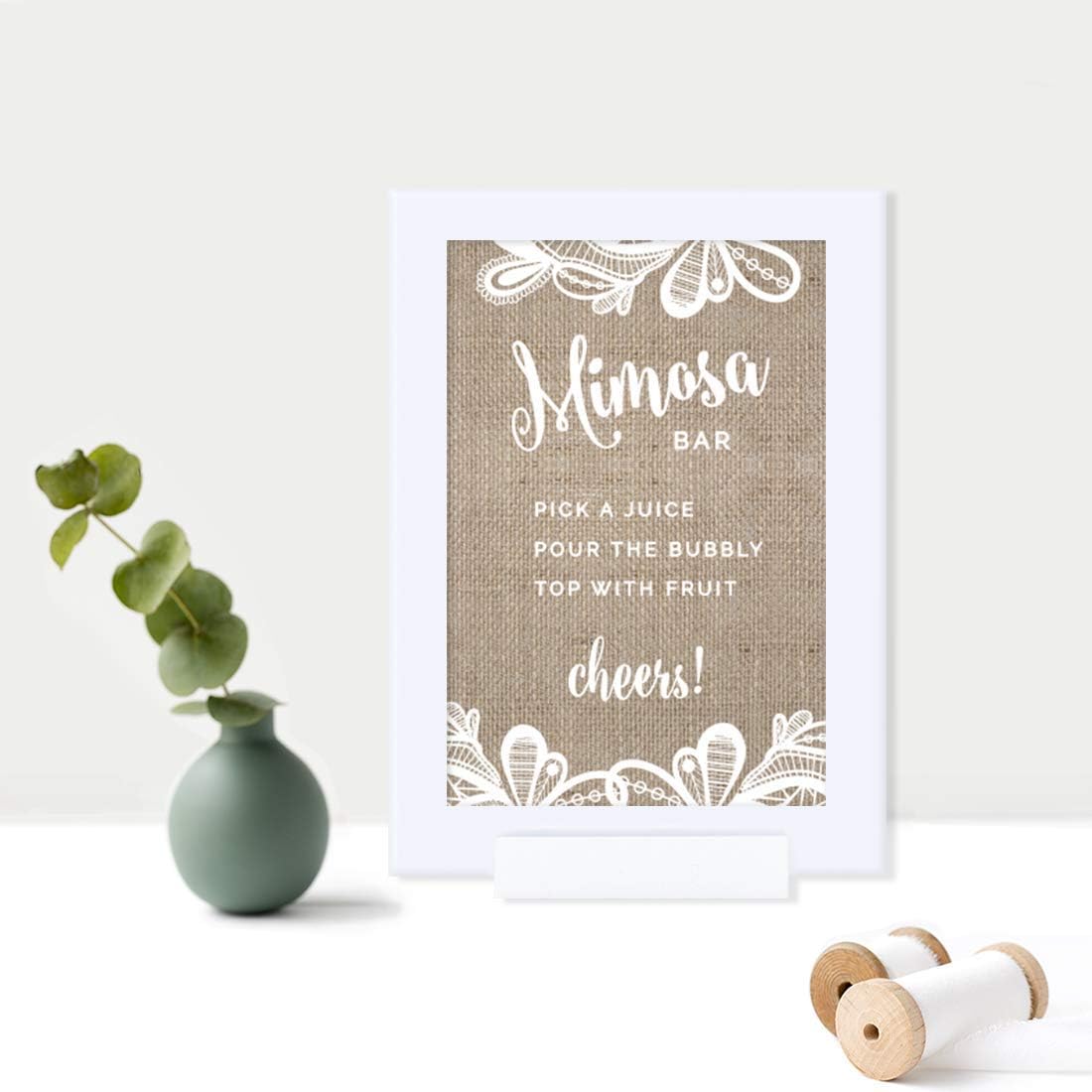 Andaz Press Burlap Lace Print Wedding Collection, Framed, Build Your Own Mimosa Sign Pick a Juice, Pour The Bubbly Champagne, Top with Fruit Cheers! Dessert Table Sign, 4x6-inch, 1-Pack