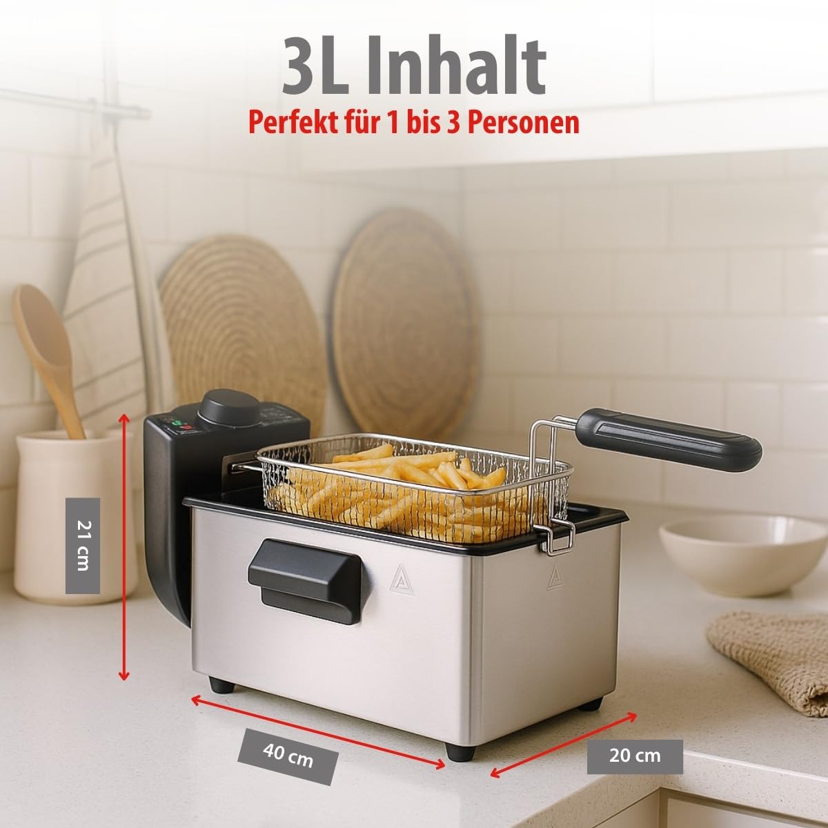 alpina Fritteuse - 3 Körbe - 5 Liter - 2000 Watt - Thermostat bis 190 °C - Anti-Heizung - Edelstahl