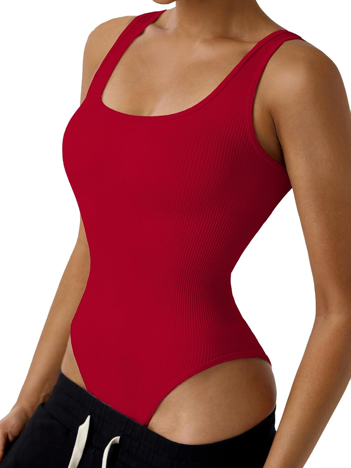 Women Sleeveless Bodysuits Seamless Square Neck U-back Tank Tops | Seamless square neck sleeveless bodysuit, U-back. Skinny fit, ribbed stretch. Perfect for summer alone or winter layering.