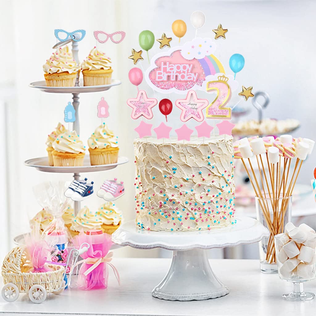 16 Stück Tortendeko Happy Birthday Cake Topper Rosa Glitter Kuchendeko Geburtstag Cupcake Topper Kuchendeckel Mit Luftballon Papierfächer Sterne Tortenstecker Für Mädchen Frauen