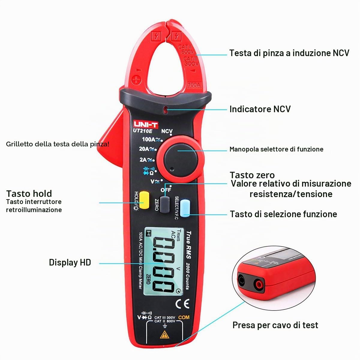 UNI-T UT210D Serie UT210 Mini Morsetto Metro, 200A AC/DC, 600V AC/DC, 60kHz, -40°C-1000° C/-40°F-1832° F