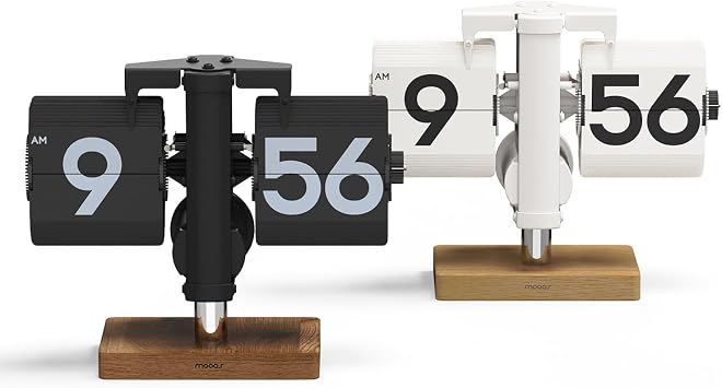 mooas Classic Modern Wood Mini Flip Desk Clock Set of 2 Black & White, Retro Vintage Analog Design, Auto Flip, Battery Powered, Large Numbers, Ideal for Home, Office, School, Hotel, Cafe