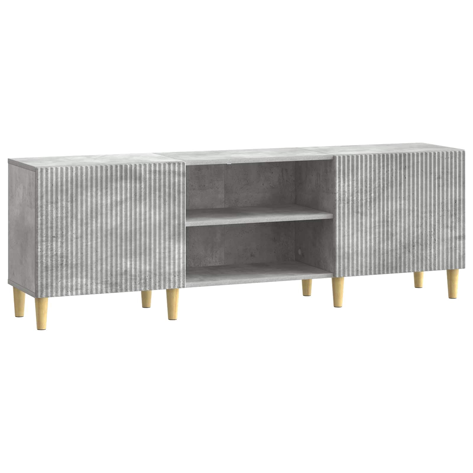 Meuble TV bas gris béton 150cm à portes battantes 90° optimisant le rangement du salon