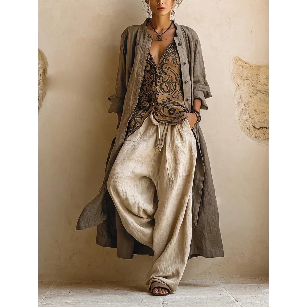 Ensemble 3 pièces vintage en lin mélangé avec débardeur et pantalon à jambes larges, style bohème décontracté