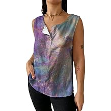 Women Trendy Sleeveless Blouse Notch Neck Button Detail Printed Tee Comfy Relaxed Fit Tunic Tops for Daily Life