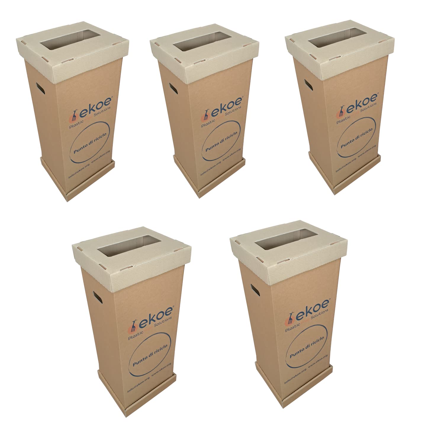 Ekoe, 5 Contenitori Raccolta Differenziata in Cartone con Coperchio per Vetro, Plastica, Umido, Secco e carta, Colore Marrone Kraft Avana