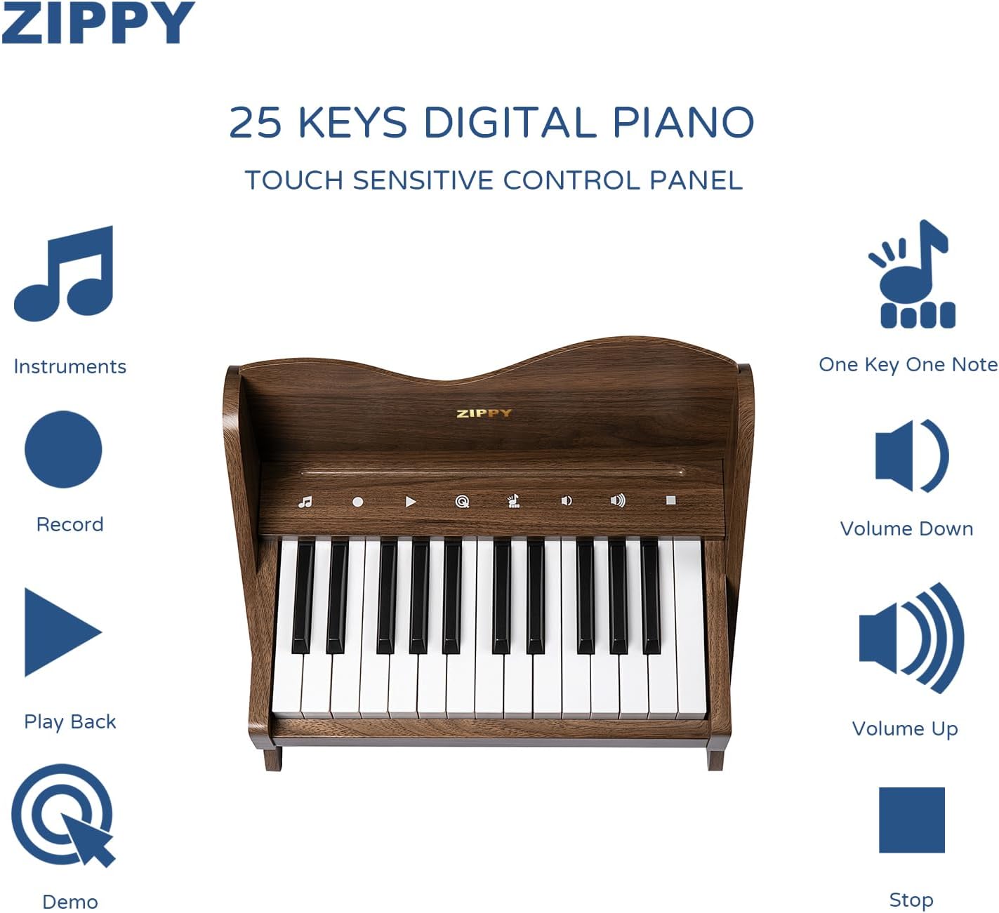 ZIPPY Kids Piano Keyboard, 25 Keys Digital Piano for Kids, Touch Sensitive Control Panel, Volume Adjustable, Mini Music Educational Instrument Toy, Wood Toy for Toddlers Girls Boys (Walnut)
