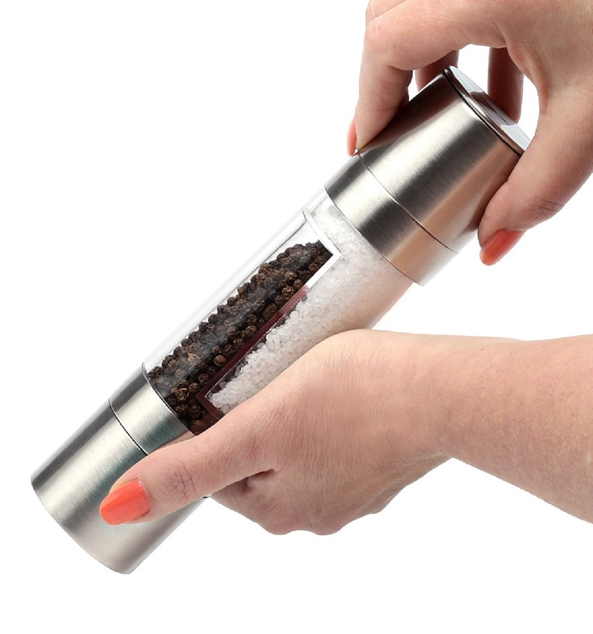 AR Mall Manual Stainless Steel 2 in 1 Salt and Pepper Duo Grinder Hand Spice Mill with Adjustable Ceramic Mechanism-image-3
