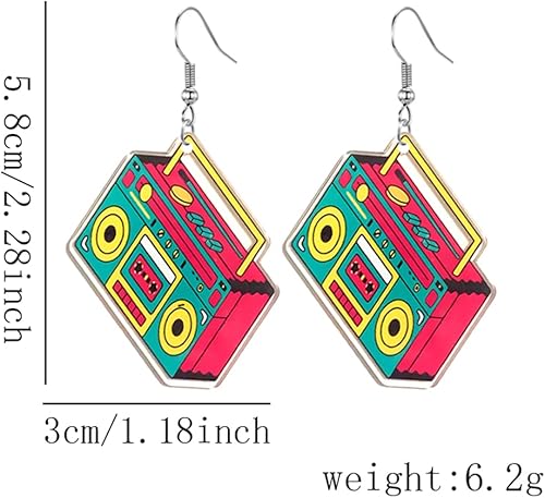 Miniatura 2 de Aretes de cinta retro de moda para fiesta de los años 80, para mujer, punk, retro, cassette, aplastamiento, colorido, colgante, fiesta, club