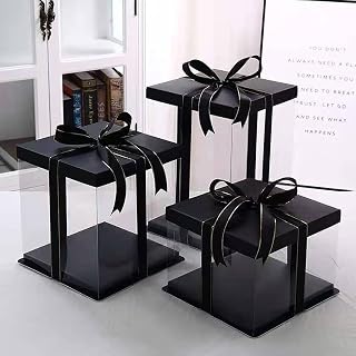Eco Memos Przezroczyste pudełko na tort z czarną podstawą i wstążką 10 paczek / zestaw - 6"/8" 10" 30 cm przezroczysty plastikowy pojemnik na ciasto urodzinowe pudełka do pieczenia (6 cali - 21 * 21 cm * 18 cm)