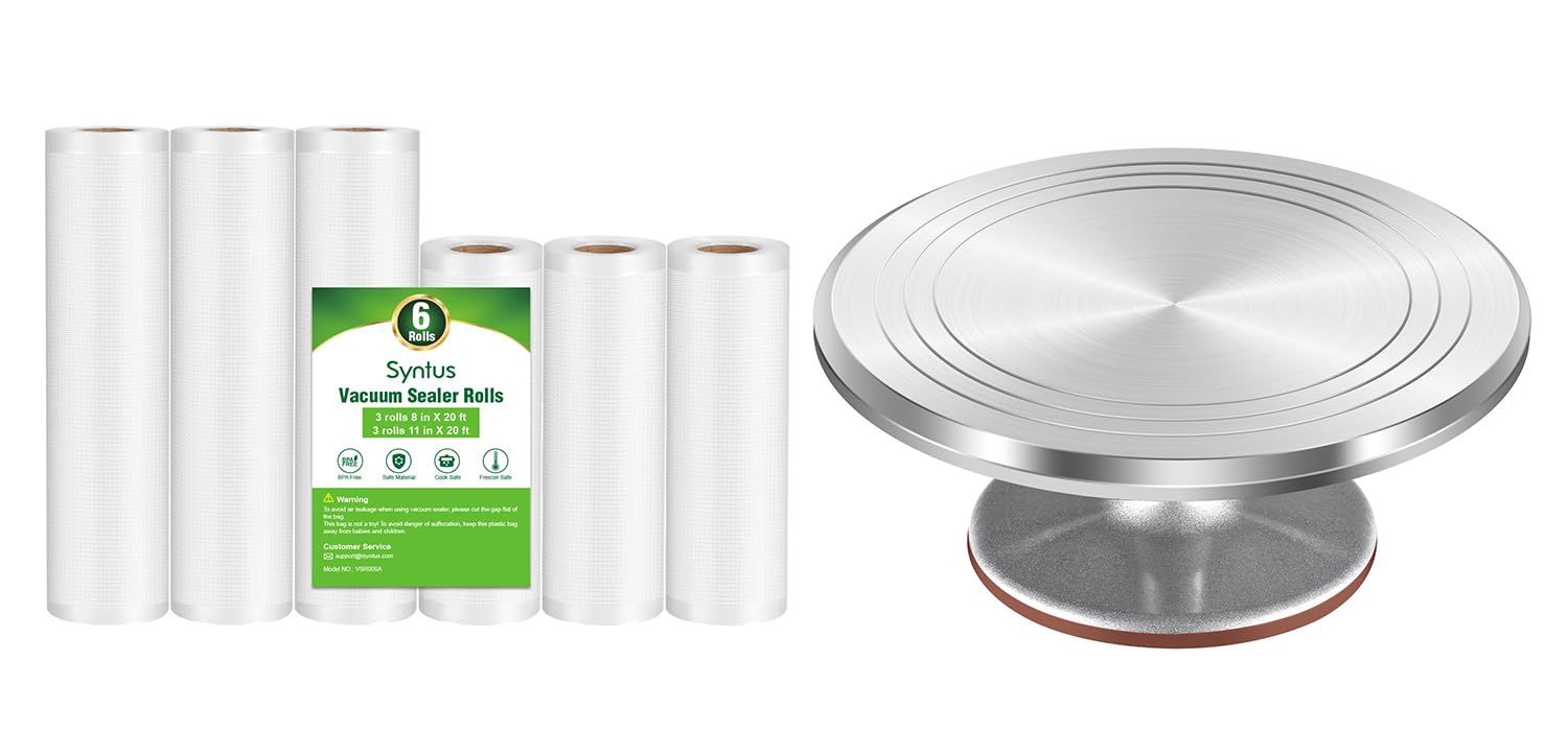 Syntus 6 Rolls Vacuum Sealer Bags and 12 Inch Aluminium Alloy Cake Decorating Turntable