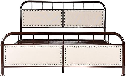 Miniatura 4 de Giantex Base de cama de metal, plataforma de cama de tamaño matrimonial con cómoda cabecera tapizada y estribo, soporte de listones antideslizantes,