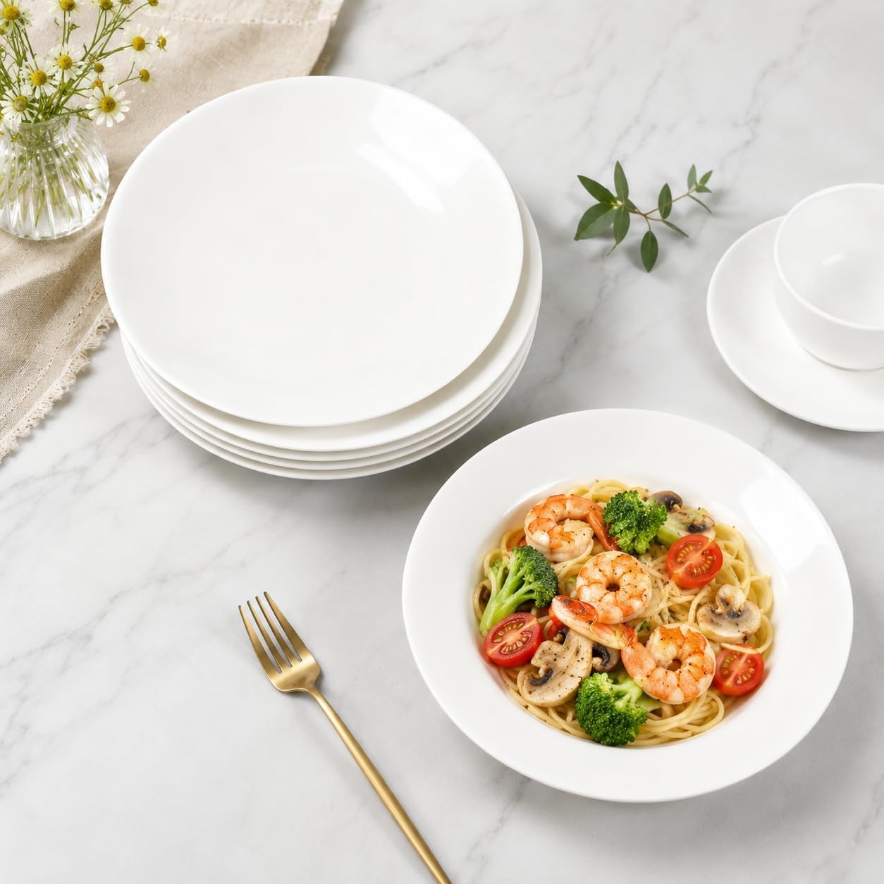 6 Pack White Pasta Bowls,9 Inch Ceramic Salad Plates with Wide Rim