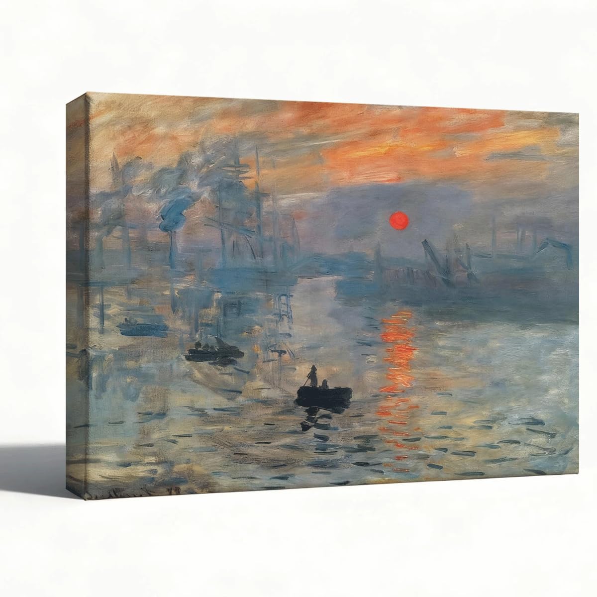 Harbor Sunrise Canvas Wall Art, Impressionist Red Sun over Water Oil Painting Print, Misty City Seascape Wall Decor for Living Room Office Bedroom, 8x10 Inches