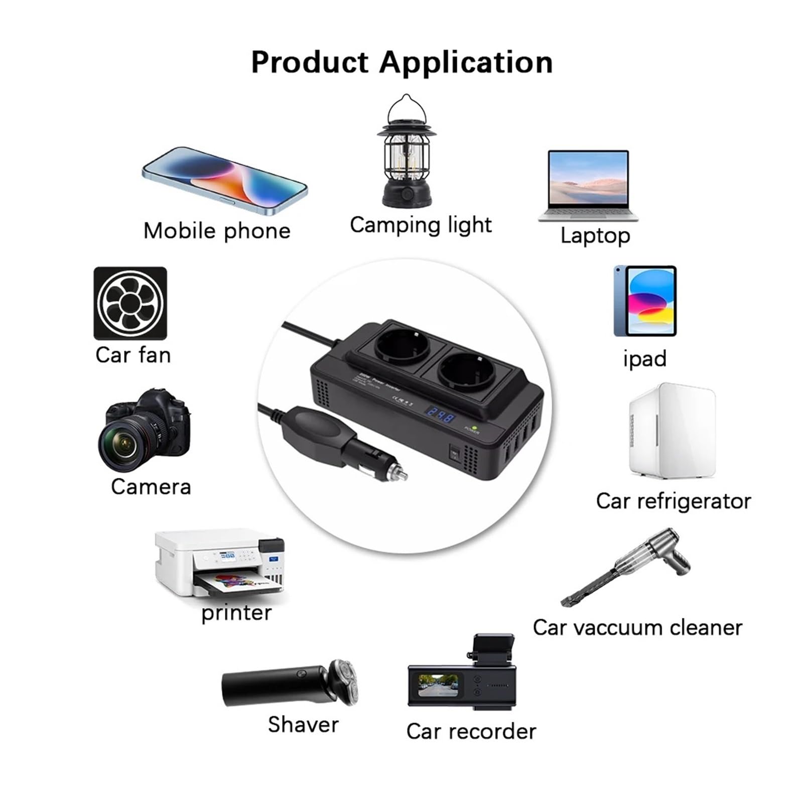 Inversor Inversor Corriente para Coche 200 W CC A CA 12 V A 220 V para Encendedor Cigarrillos con Toma CA UE 4 USB Potencia Máxima 400 W