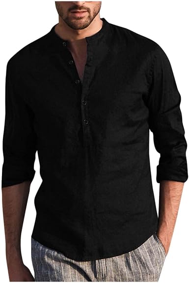 Men's Linen Henley Shirts Cotton Casual 