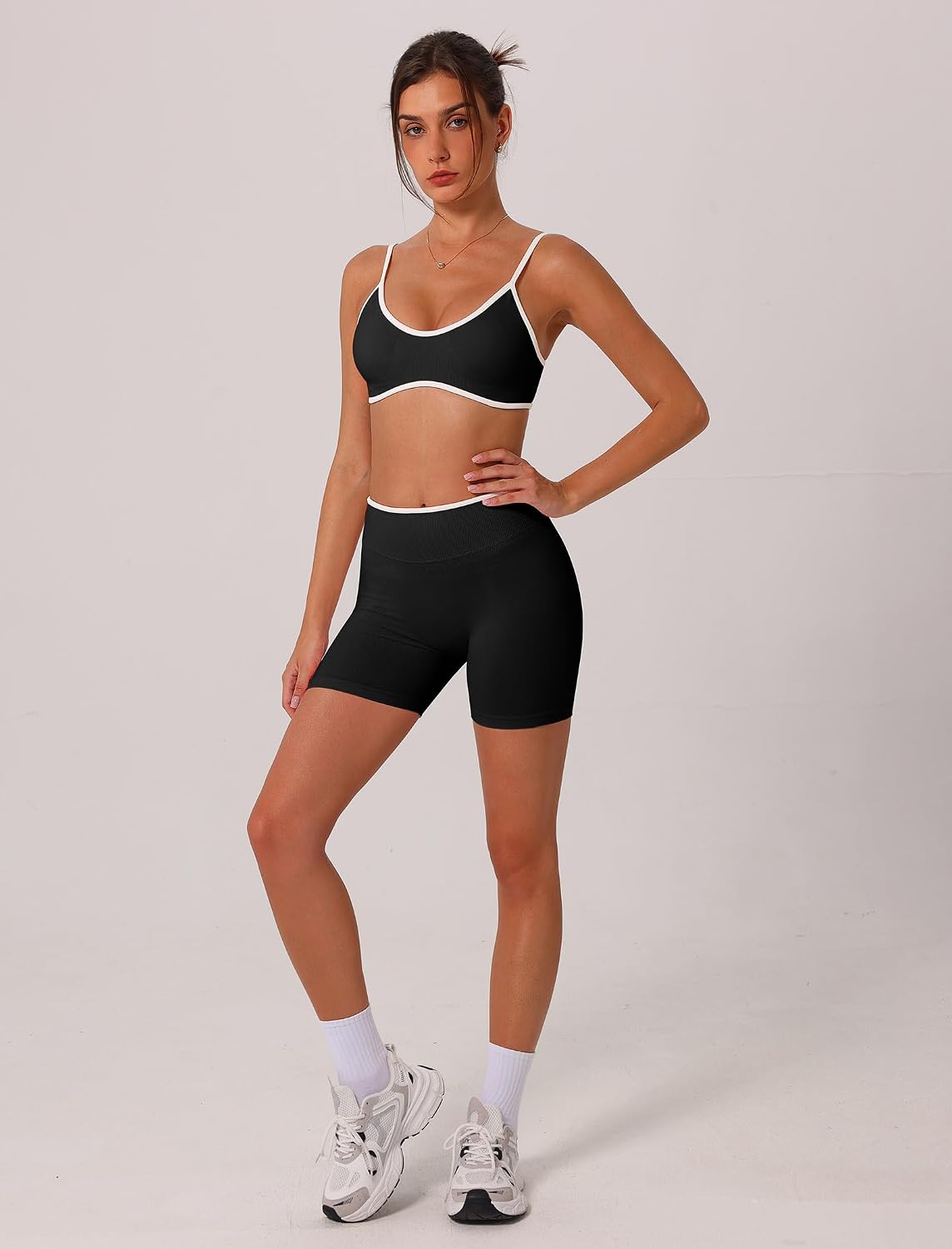 ABOCIW Womens Two Piece Workout Sets Color Block Sports Bra Seamless Hidden Scrunc Butt Lifting Biker Shorts Gym Set