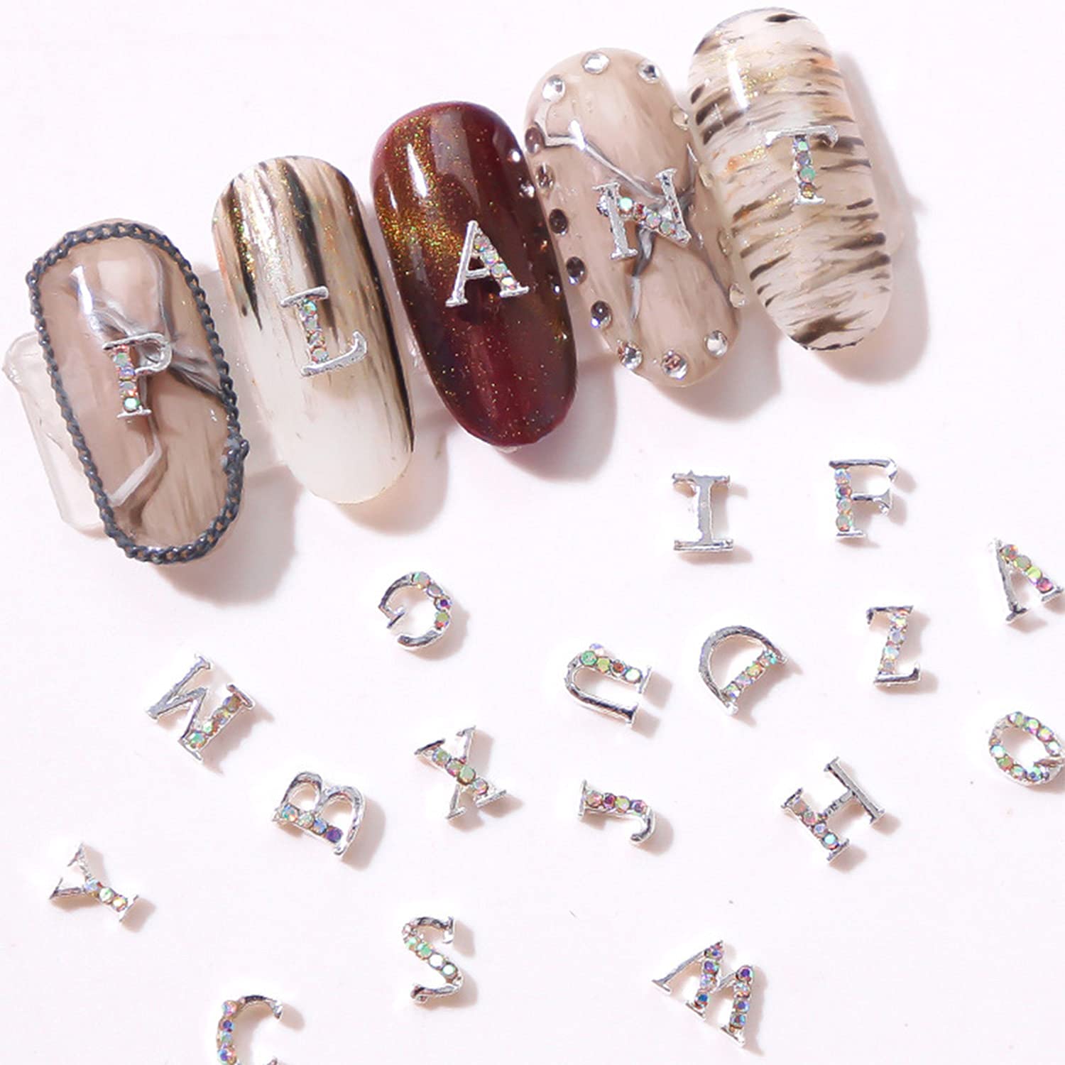 WOKOTO 52Pcs Silver Letters Nail Charms, 2 Set of 26 Capital Letters for Nails Accessories, 3D Nail Letters Charms Rhinestone for Nails Art 3D Studs Gems Jewelry Decorations image 3