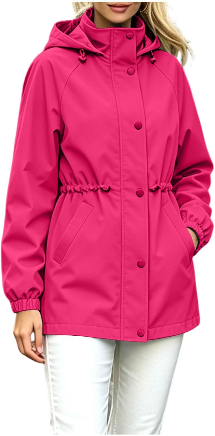 Rain Jacket for Women Lightweight Hooded Button Front Trench Coat | Women's Mid Length Anorak with Cinch Waist, Snap Pocket, Elastic Cuffs for Fall Spring Travel Casual Outdoor