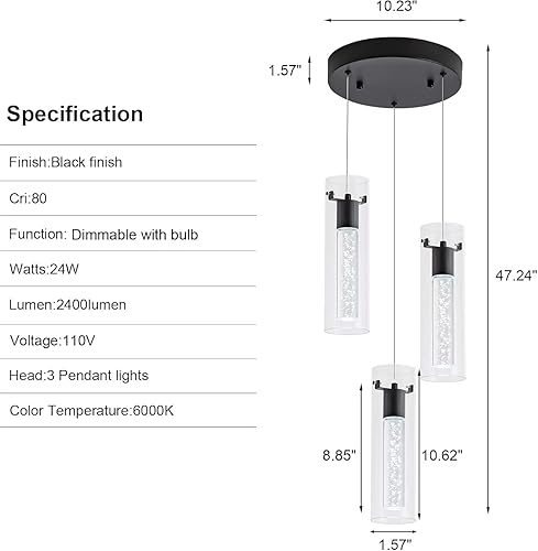 Miniatura 5 de votag Colgante de iluminación de cocina, lámpara colgante moderna con acabado negro, luces colgantes para isla de cocina, restaurante, comedor (3