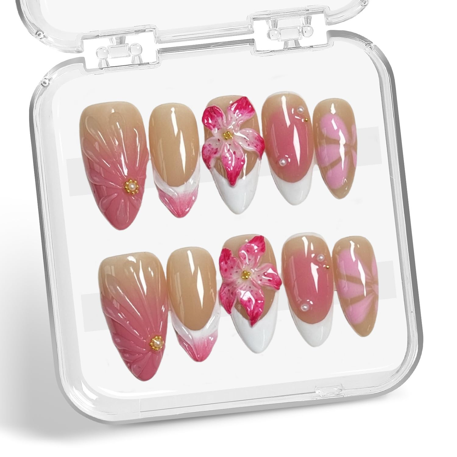 Flower Press on Nails French Medium Almond Acrylic Nail 3D Colorful Floral Design Rhinestone Handmade Press on Nails Reusable Full Cover Thick False Nail Stick on Nails for Women（Size M)