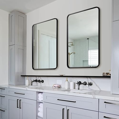 Miniatura 8 de ANDY STAR Espejo de baño negro de 24 x 32 pulgadas, espejos de tocador de baño negros para pared, espejo rectangular redondeado para baño, marco de