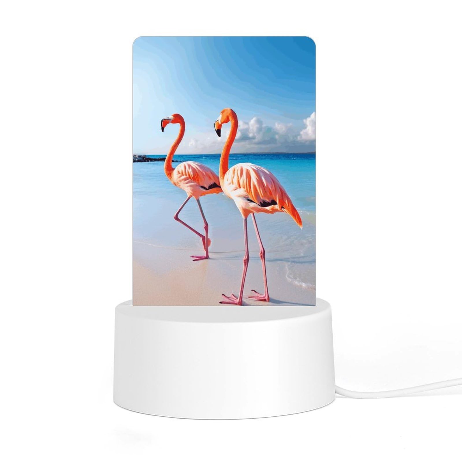 JTREHY Acrylic Night Light with Base, Pink Flamingo on Beach Printed Desktop Night Light LED Bedside Night Light for Bedroom, Bathroom, Corridor, Holiday Gift