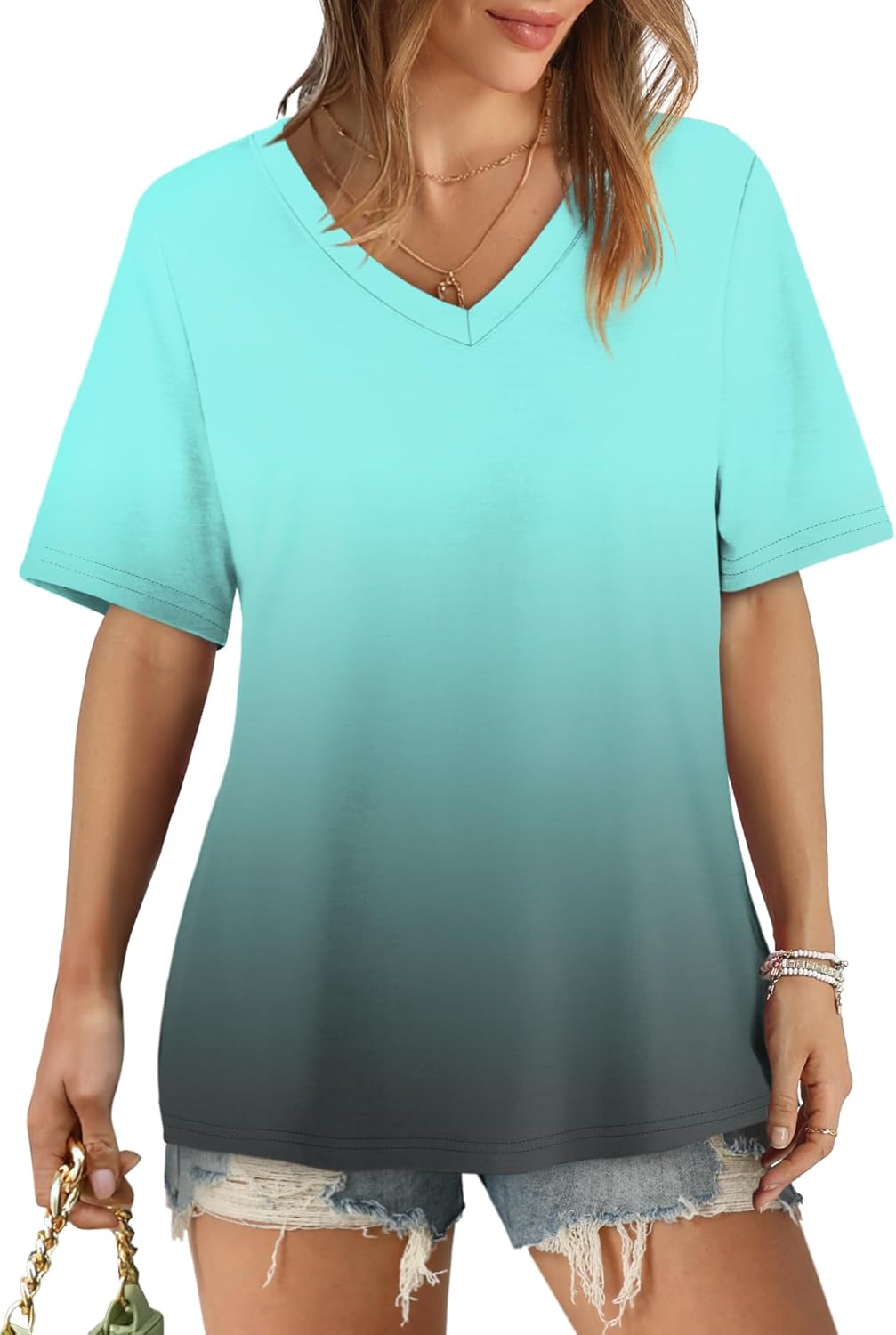 Aokosor Womens V Neck Short Sleeve T Shirts Summer Tops 2025 Casual Loose Tees Trending Now S-4XL - Image 2