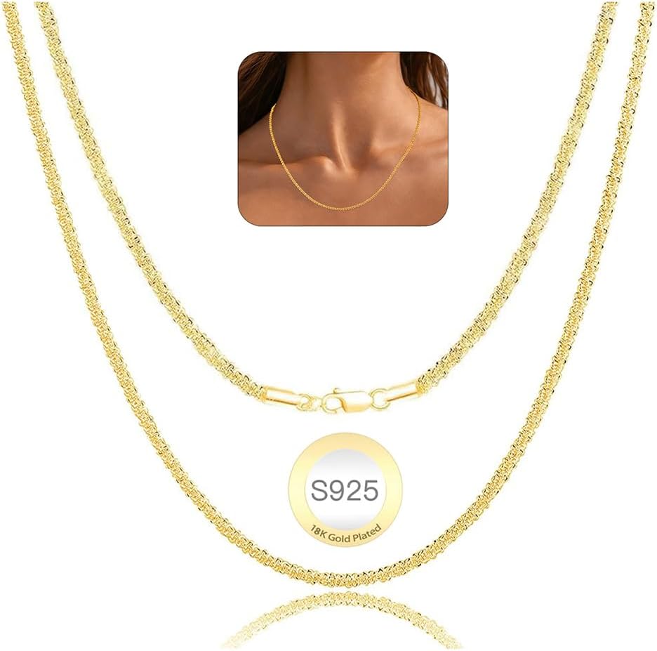 18K Gold Plated 925 Sterling Silver 1.5mm/2mm Diamond Chain Necklace for Women, Dainty&Sturdy&Non-Fading Sterling Silver Chain Ideal Choice for Pendant Jewelry Gifts 16/18/20/22/24 Inch