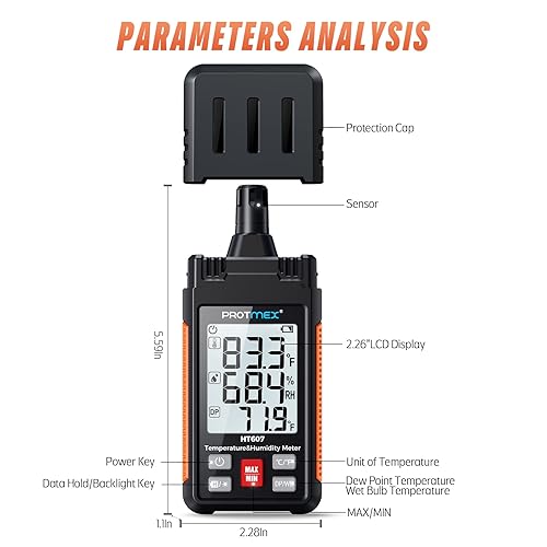 Miniatura 3 de HT607 Medidor de temperatura y humedad higrómetro digital de alta precisión con ambiente, humedad relativa, punto de rocío, termómetro de bombilla