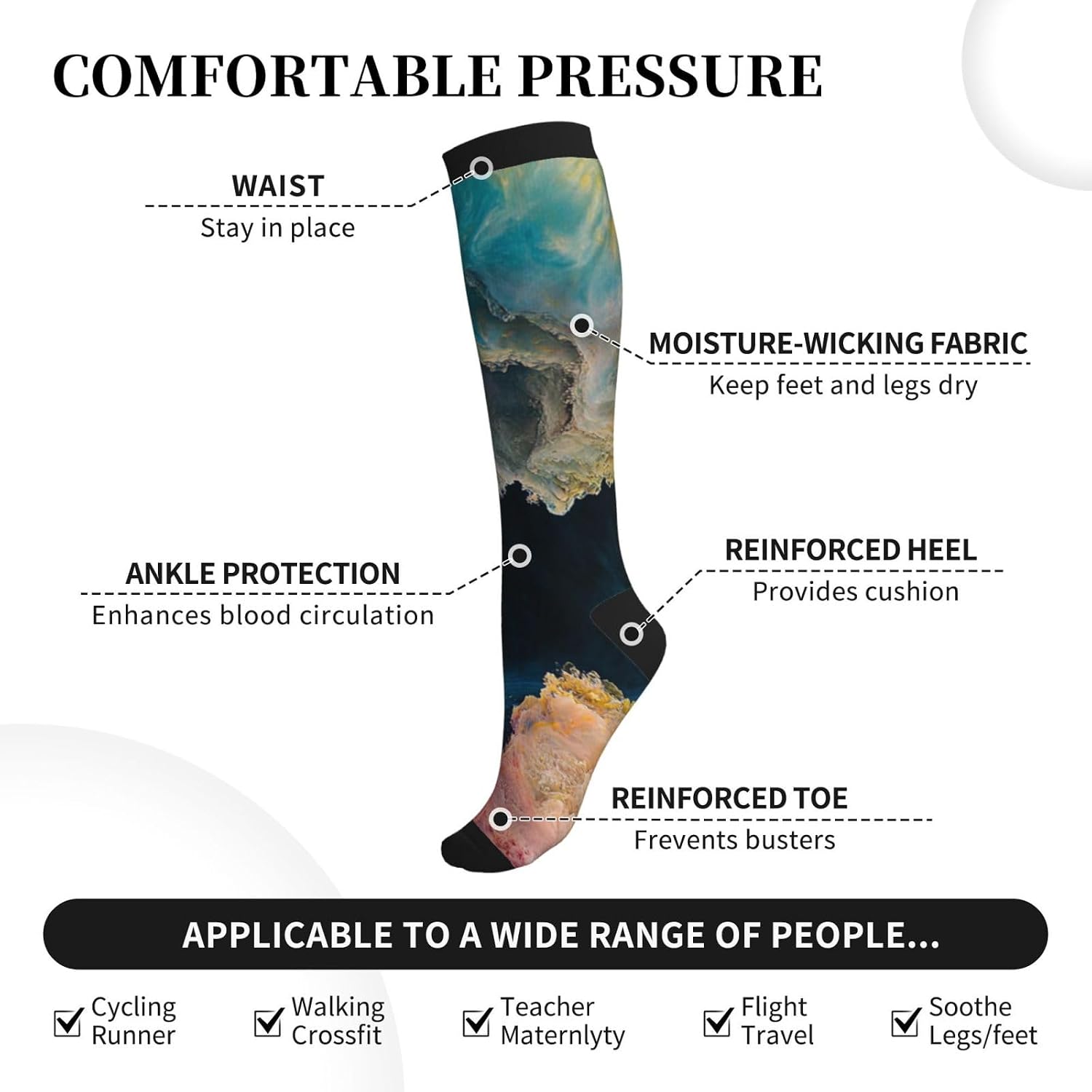 Colorful mysterious waves Compression Socks 15-20mmHg Graduated Compression, Ideal for Office Workers, and Athletes