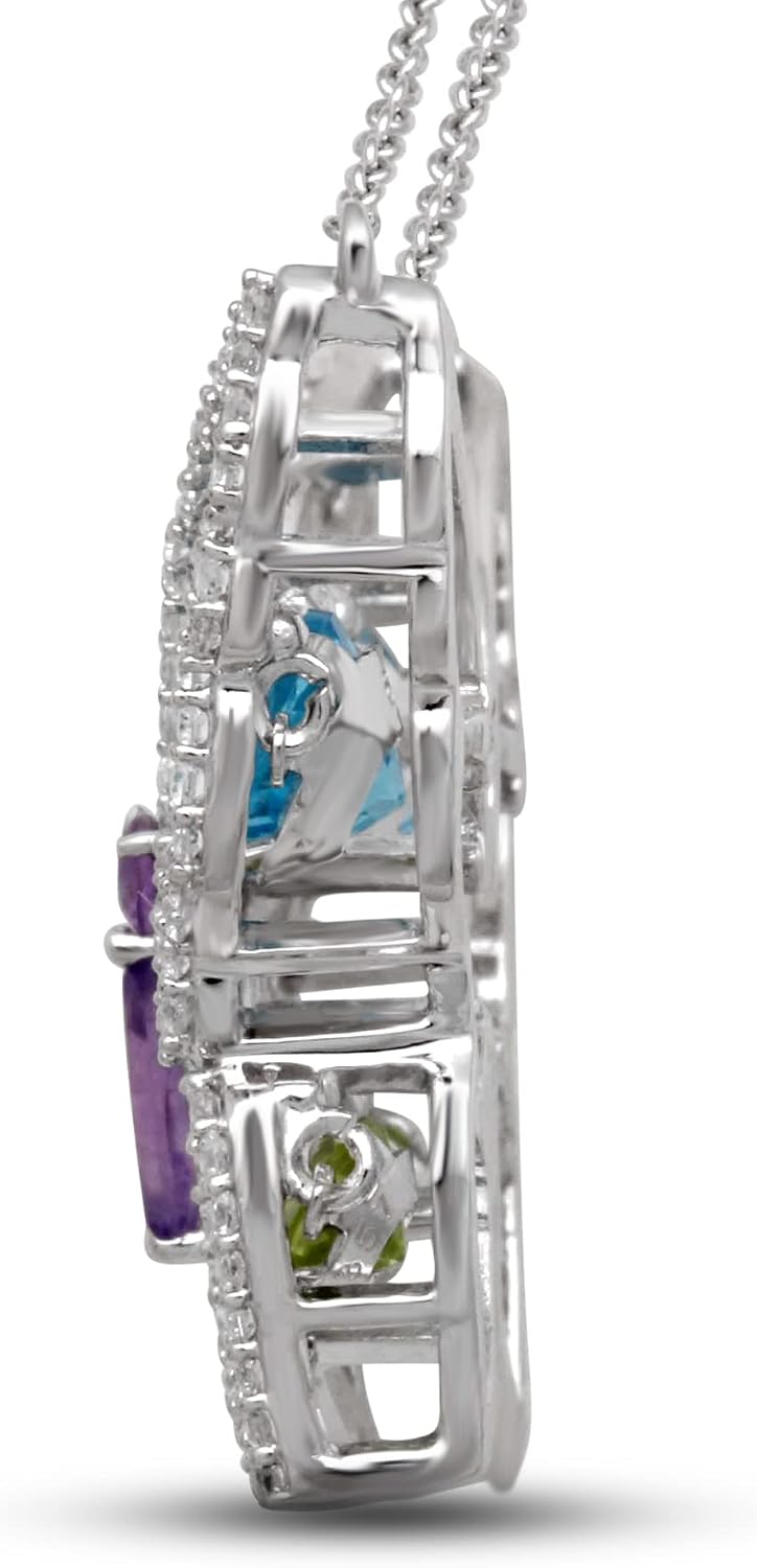 Jewelili Sterling Silver 6x3 MM Marquise with 2.5 MM Amethyst, 4MM Round Peridot, 6 MM Swiss Blue Topaz and Round Created White Sapphire Butterfly Pendant Necklace 18" Cable Chain