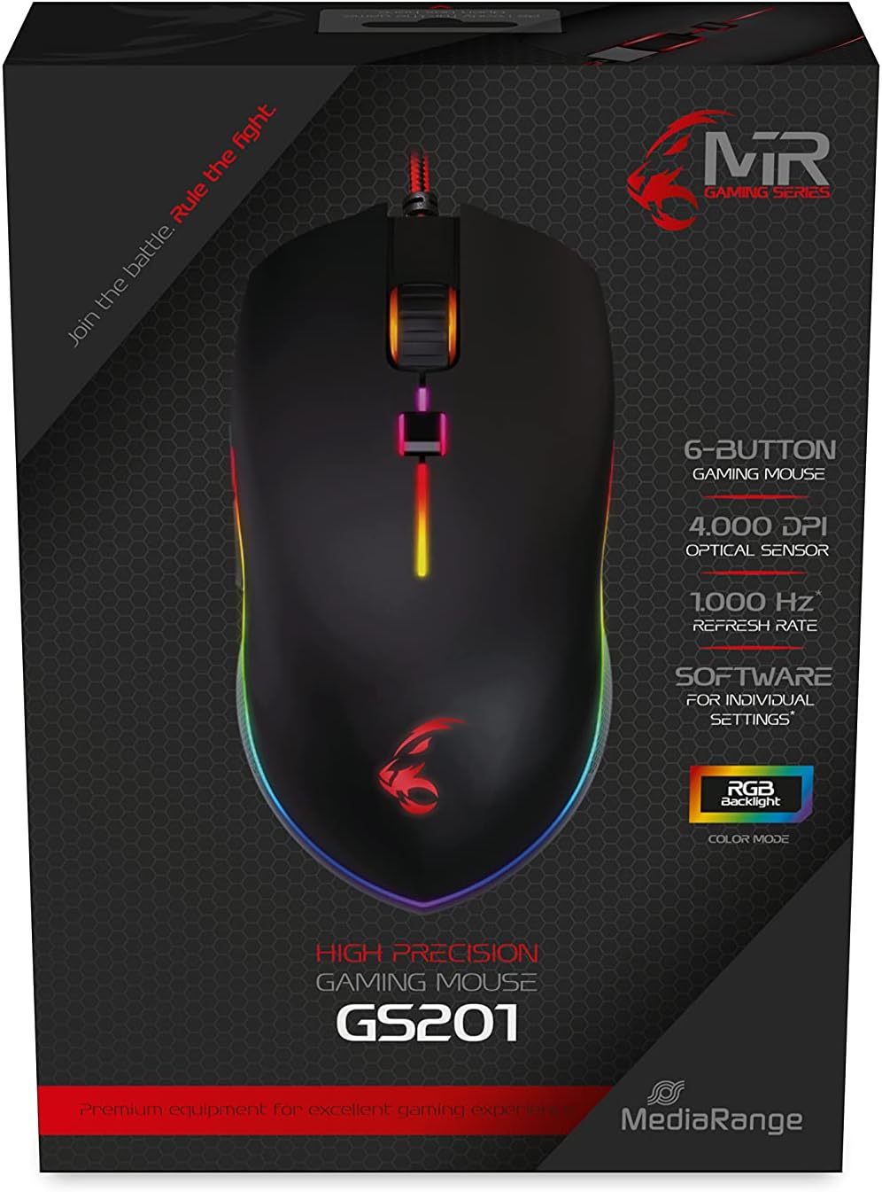 MediaRange MRGS201 Gaming Mouse with 6 Buttons USB 2.0 Cable Black