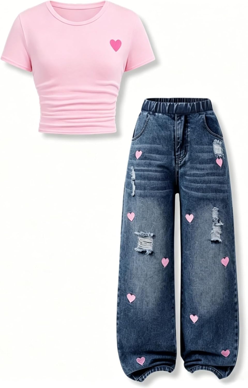 Girls 2 Piece Outfits Embroidered Heart Short-Sleeved Top and Jeans Pants Clothing Set Size 7-14 Years