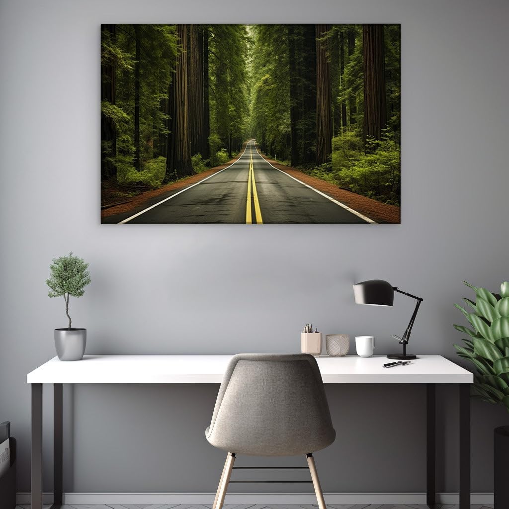Canvas for Living room. Journey Through Tranquility: A Road Less Traveled Amidst the Forest's Embrace, 27 x 18 inch Canvas Wall Art - Contemporary Masterpieces - Modern Home Decor