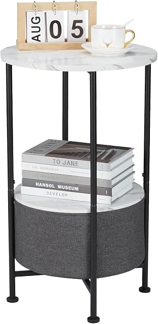 YEAKOO Industrial 2 Tier Round End Table, 66cm Height Rustic Side Table with Removable Fabric Storage Basket, Home Office Coffee/Snack/Bedside Table Laptop Desk for Living Room Bedroom/Marble