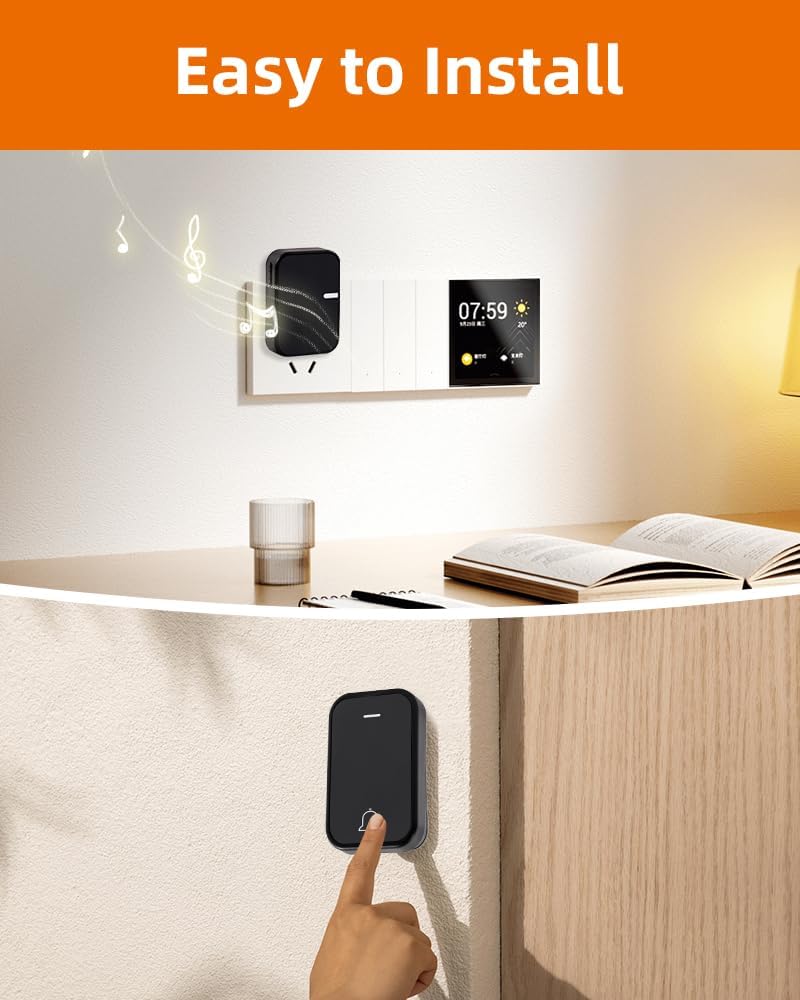 Battery-Free Wireless Doorbell,No Batteries Needed,Easy Installation,600 FT Range, 38 Chimes, Adjustable Volume,Waterproof for Classroom,Home,Office,Villa (Black)