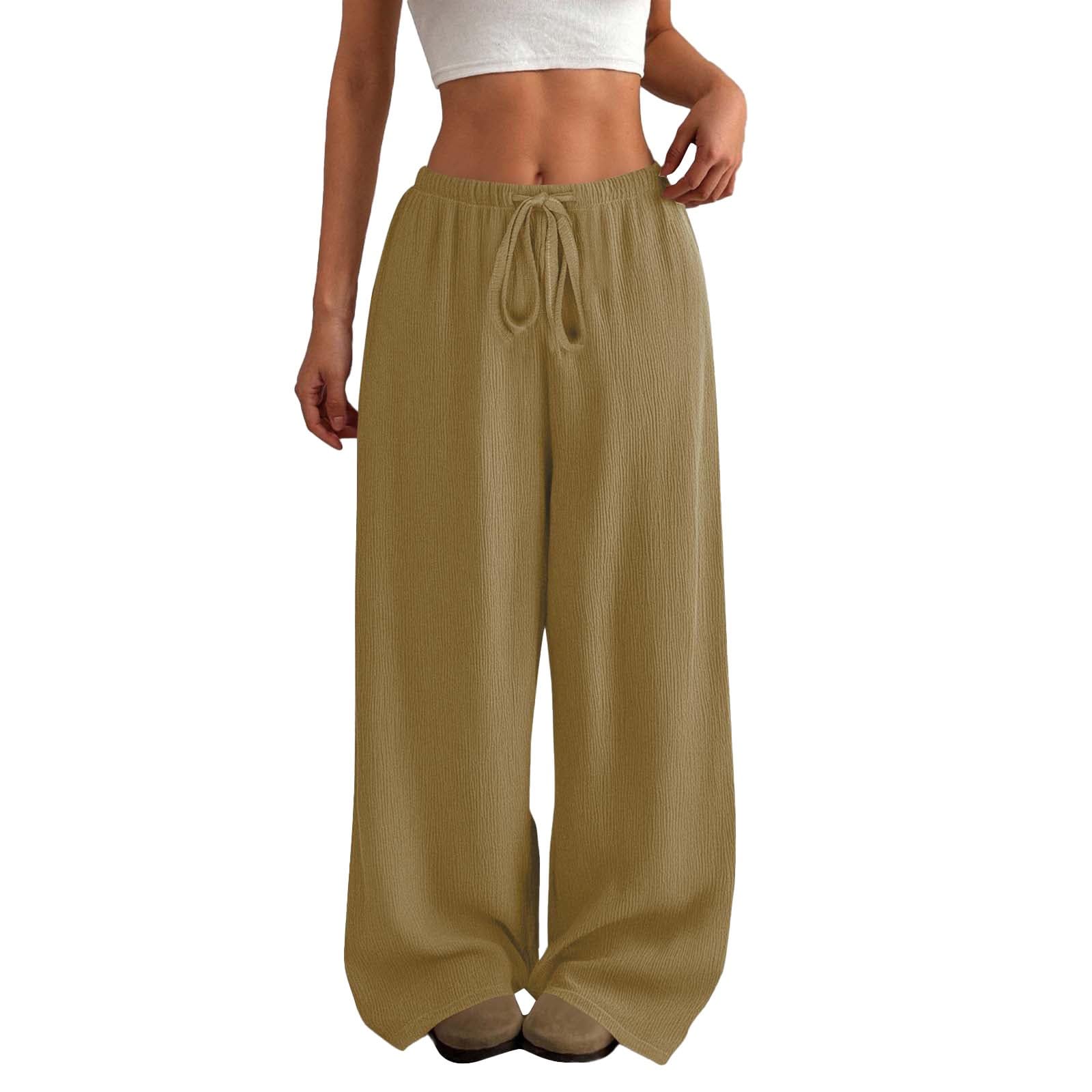 BUKKNYE Women's Casual Palazzo Pants Wide Lag Drawstring Elastic Waist Summer Lounge Trousers Loose Fit Lightweight Sport Yoga Pant with Pockets(Khaki,XXL)