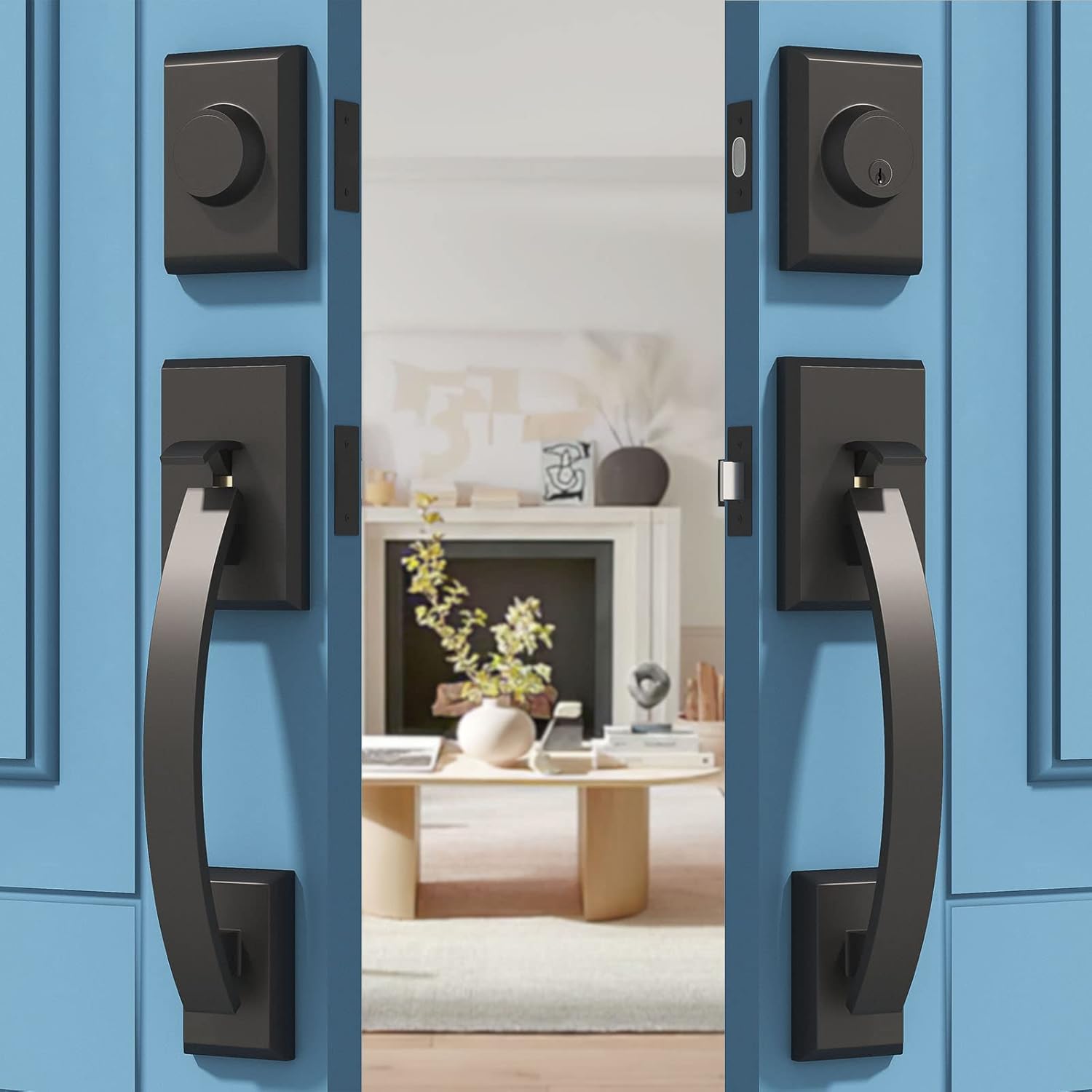 Natsukage Front Door Handle Set Heavy Duty Double Door Lock Set Matte Black Double Door Handle Set with Dummy, with Single Cylinder Deadbolt and Lever Handle, Reversible for Right & Left Handed Doors