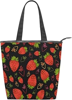 Borsa a secchiello da donna, in tela, con motivo a fragole, colore rosso e nero